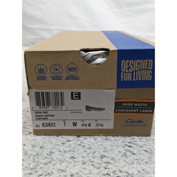 CLARKS Sara Bay Black Leather Women's Flats Shoes Size US 7-W Wide 63401 NIB - Picture 8 of 8